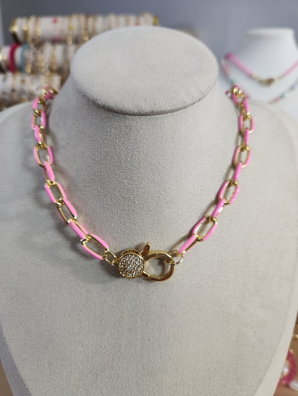 Pink Enamel Iced Clasp Necklace